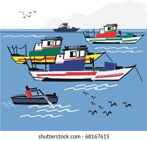 Vector illustration of Portuguese fishing boats, Algarve coast.