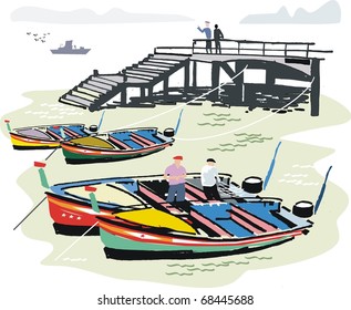 Vector illustration of Portuguese fishing boats at anchor next to wharf, Algarve .