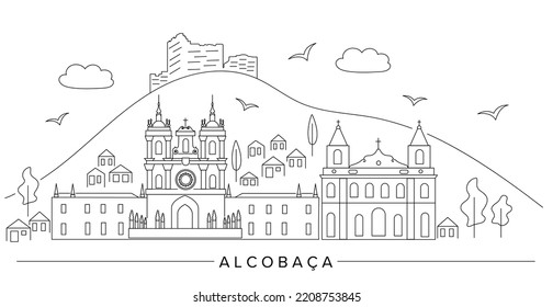 Vector illustration of the Portuguese town of Alcobaça in line art style for logotype, t-shirt, poster, decoration, postcard, merchandise, souvenir. Alcobaça background. Alcobaça image. EPS 10.