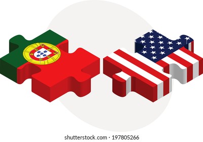 Vector illustration of Portuguese and USA Flags in puzzle isolated on white background