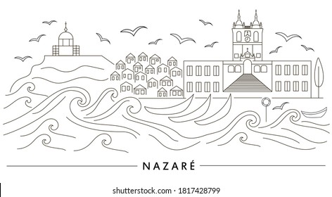 Vector illustration of the Portuguese village of Nazare in line art style for logotype, t-shirt, banner, magazine, poster, decoration, postcard. Nazare background. Nazare image. EPS 10.