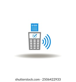 Vector illustration of pos payment terminal with check mark and wireless signal. Icon of NFC contactless transaction pay and order.