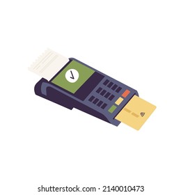 Vector illustration of POS terminal with check and bank card inside. Concept of successful payment