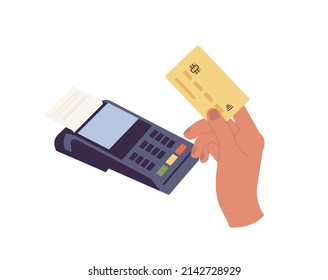 Vector illustration of POS terminal with check and hand holding a bank card. Wireless electronic payment and convenient financial transactions