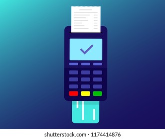  Vector illustration pos terminal confirms the payment using credit debit card, online banking. Concept Online and mobile payments for web page, social media, documents, cards, posters.