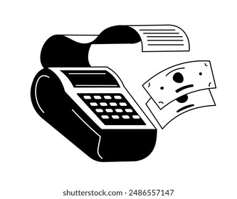 Vector illustration of a POS terminal with a receipt and money, isolated on white background.