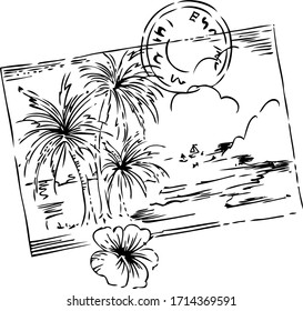 Vector illustration Poscard honolulu hawai beach line art