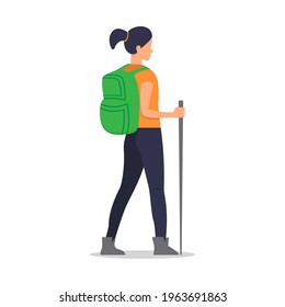 Vector illustration - pose of tourist girl looking on mountain to climb. Forest, trees and hills on a white background.