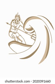 Vector illustration of Poseidon floating on a surfboard controlling a trident.