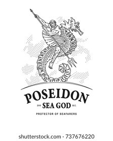 Vector illustration of Poseidon god of the seas riding a seahorse