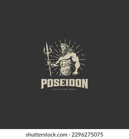 vector illustration of poseidon holding trident in vintage style