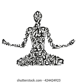 Vector illustration poses of yoga. Main pose - Padmasana
Creative illustration of women who are carrying out yoga against lotus pose silhouette - Padmasana. Women wellness concept
