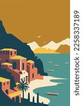 Vector illustration of an positano, Italy. Can be used as a background. flat color cartoon style travel poster