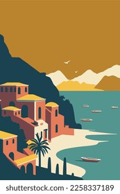 Vector illustration of an positano, Italy. Can be used as a background. flat color cartoon style travel poster