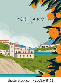 Vektorgrafik. Positano, Italien. Reiseplakat, Postkarte, Umschlag. Küste, Häuser, Orangenbäume. Modernes Design. Wandplakat. Tourismus.