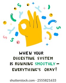 Vector Illustration of positive effects of the connection between probiotics and a healthy gut. Ideal for wellness content, gut health promotion. Hand drawn lettering, flat style design.