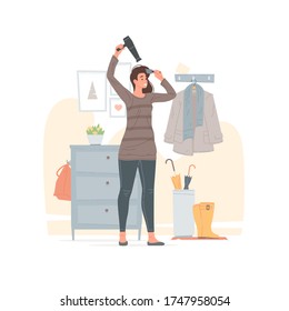 Vector illustration of positive female in casual clothes drying hair with comb and dryer while standing near cabinet and clothes hanger in hallway at home. Flat style cartoon character