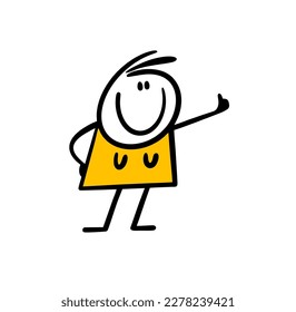 Vector illustration of positive female stickman showing a thumb, approves. The funny cartoon character agrees.