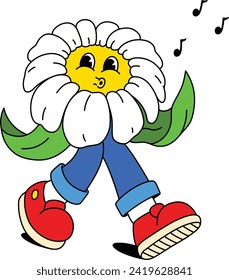 Vector illustration of a positive flower character walking and whistling, singing a song isolated on white in cartoon style