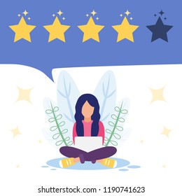 Vector illustration a positive, good online review for a product or service. Graphic design for reviews. Four stars rating, girl siting with a lap top on white background. 