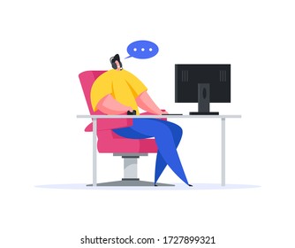 Vector illustration of positive man in headphones playing video game on computer and speaking with audience during stream at home