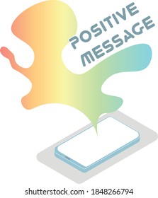 Ilustración vectorial. Concepto de mensaje positivo. Fluido arcoiris saliendo de un teléfono móvil isométrico con pantalla en blanco. EPS 10.
