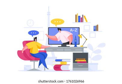 Vector illustration of positive modern guy in headset speaking with tutor while sitting at desk and learning foreign language remotely at home