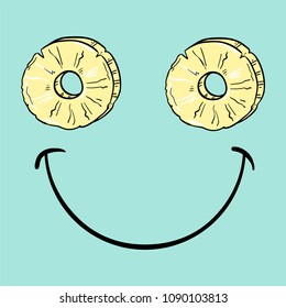 Vector illustration of positive smiley with  slice of pineapple, cartoon fruit eyes, tropical summer card, fashion print for t shirt, happy face isolated on empty green background, drawn with a tablet