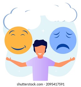 Vector illustration of positive thinking as a transition from feeling sad to happy. Behavioral decisions with mental power. Optimism to change emotions from gloomy to happy.