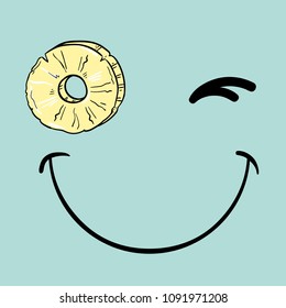 Vector illustration of positive winks smiley with slice of pineapple, fruit eyes, tropical summer card, fashion print for t shirt, happy face isolated on empty green background, drawn with a tablet