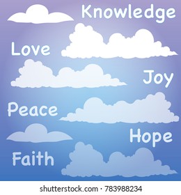 Vector Illustration. Positive words in a peaceful sky.