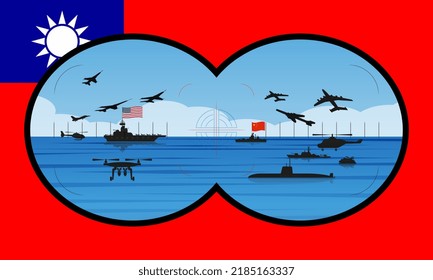 Vector Illustration Of A Possible Conflict Between The US And China Off The Coast Of Taiwan In The South China Sea. Periscope View With The Flag Of Taiwan In The Background.
