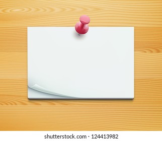 Vector illustration of post note with push pin on detailed wooden background