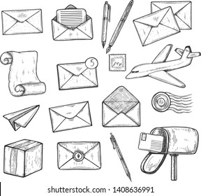 Vector illustration of post office icons set. Letter, mail, envelope, paper plane, airplane, airmail, stamp, pen, scroll, mailbox. Vintage hand drawn style.