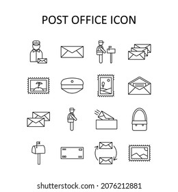 Vector illustration with post office icons - postman; envelope; stamp. Outline drawing.