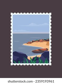 Vector illustration of a postage stamp. Landscape post stamps with boat in river. Vector designs for using on envelopes, mail and post office concept.