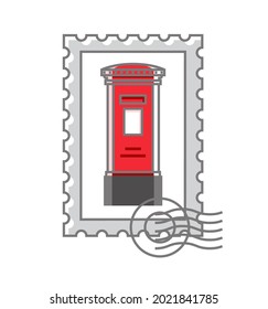 Ilustración vectorial de un sello postal con una caja de correos en inglés rojo. Cuadro de correo de época aislado en fondo blanco. Símbolo de Inglaterra. Trazo editable