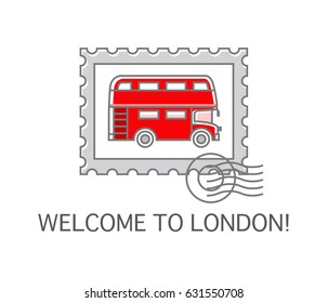 Vector illustration of a postage stamp with red bus. Linear icon of the London double decker isolated on white background. Symbol of England