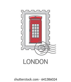 Vector illustration of a postage stamp with red phone booth. Linear icon isolated on white background. Symbol of England