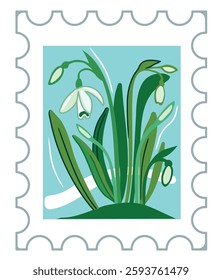 Vector illustration of postage stamp with snowdrops. Hello spring.