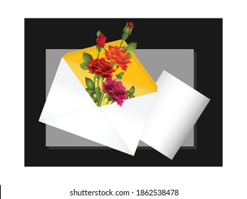 Vector illustration of postal envelope with a bouquet of roses - red purple and orange - inside. Congratulatory greeting card with place for text.