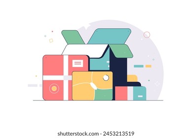 Ilustración vectorial de un paquete postal en una caja con una Dirección de entrega. Entrega de correo. Conjunto de cajas de cartón para el envío