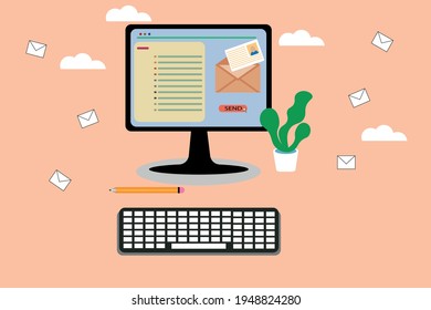 Ilustración vectorial. Concepto de servicio postal. Equipo con páginas abiertas