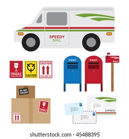 Vector illustration of postal service items including postal car, post box, mail box, shipping boxes and letters.