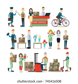 Vector illustration of postal service manager, postman, loader, packager and florist. Delivery people symbols, icons isolated on white background. Flat style design.