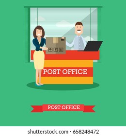 Vector illustration of postal worker male and woman receiving or sending parcel. Delivery service. Post office concept design element in flat style.