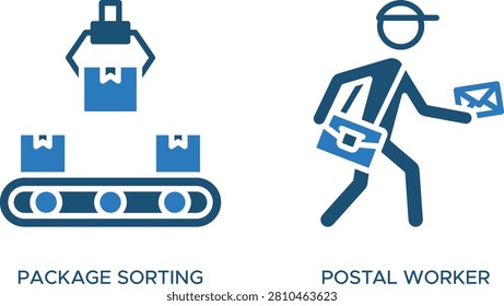 Vector illustration of postal worker sorting packages with sorting facility in background