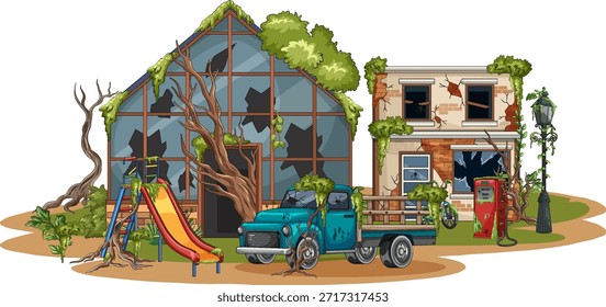 Ilustração vetorial de parque infantil abandonado pós-apocalíptico, estufa e caminhão invadido pela vegetação