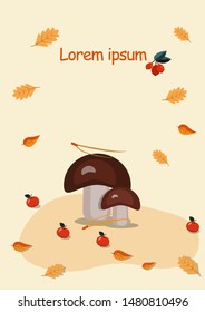 Vector illustration, postcard with autumn elements-apples, leaves and mushrooms