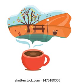Vector illustration for postcard, banner and web, autumn landscape. A cup of coffee. Poster with autumn illustration. Square and dream. EPS 10.